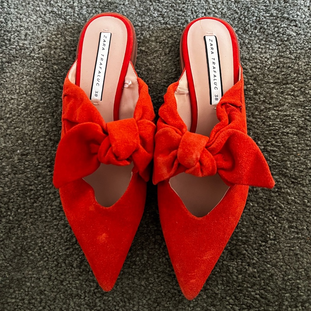 Zara Vibrant dark orange Suede Mules with Bow